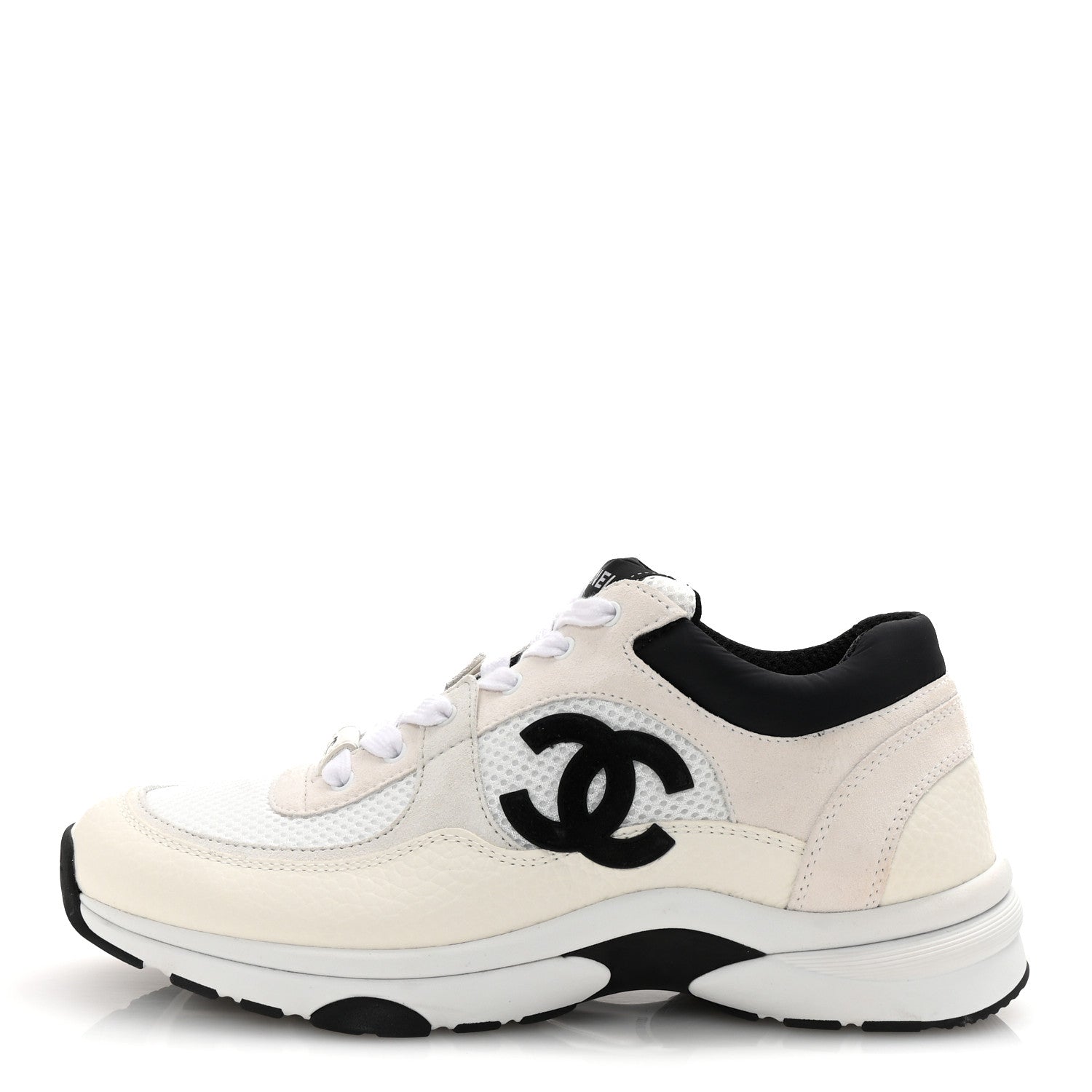 Chanel Mesh Suede Calfskin Grained Calfskin Womens CC Sneakers 38.5 White Black 1 of 10