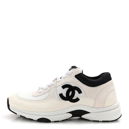 Chanel Mesh Suede Calfskin Grained Calfskin Womens CC Sneakers 38.5 White Black 1 of 10