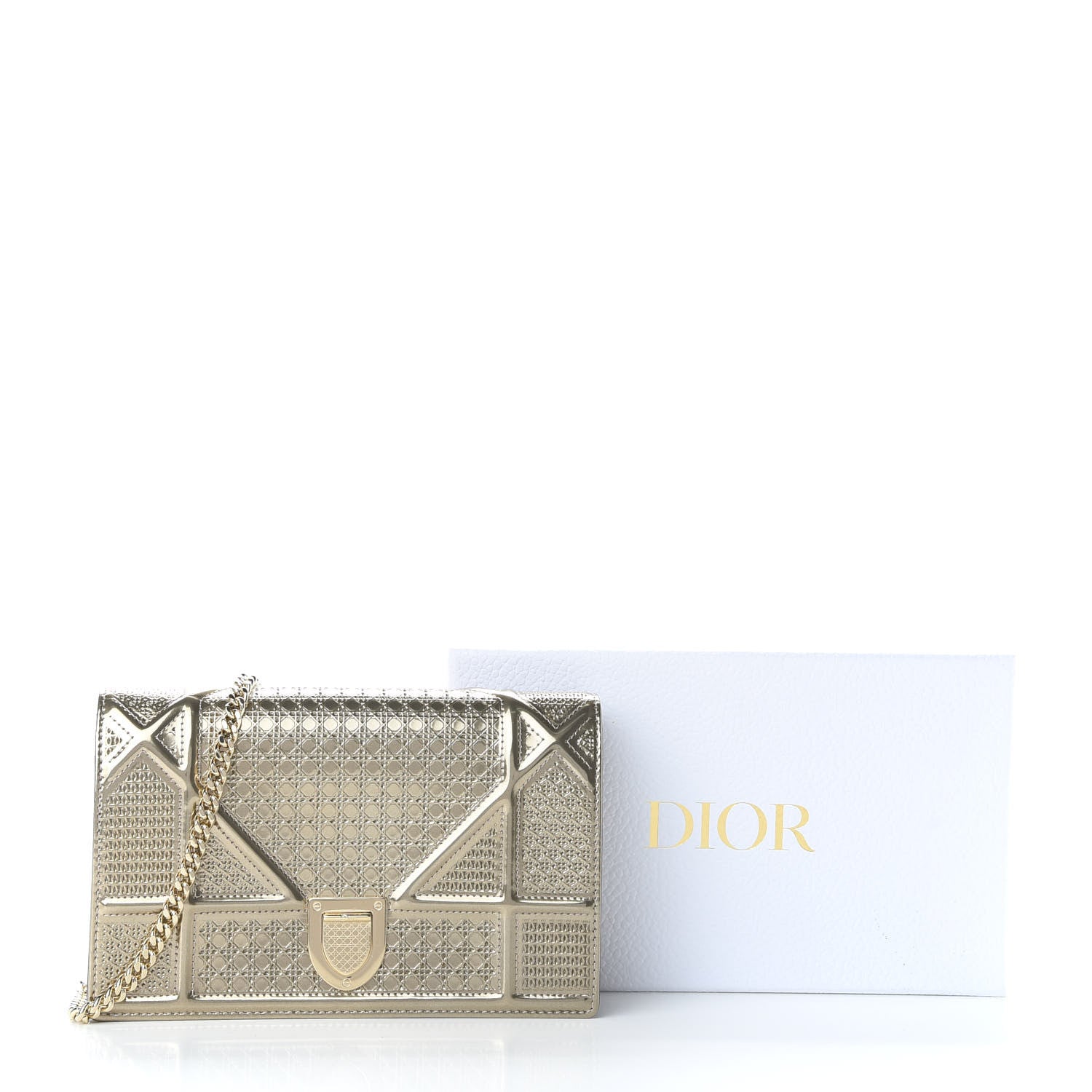 Christian Dior Metallic Patent Micro-Cannage Diorama Wallet on Chain Pouch Gold 9 of 9