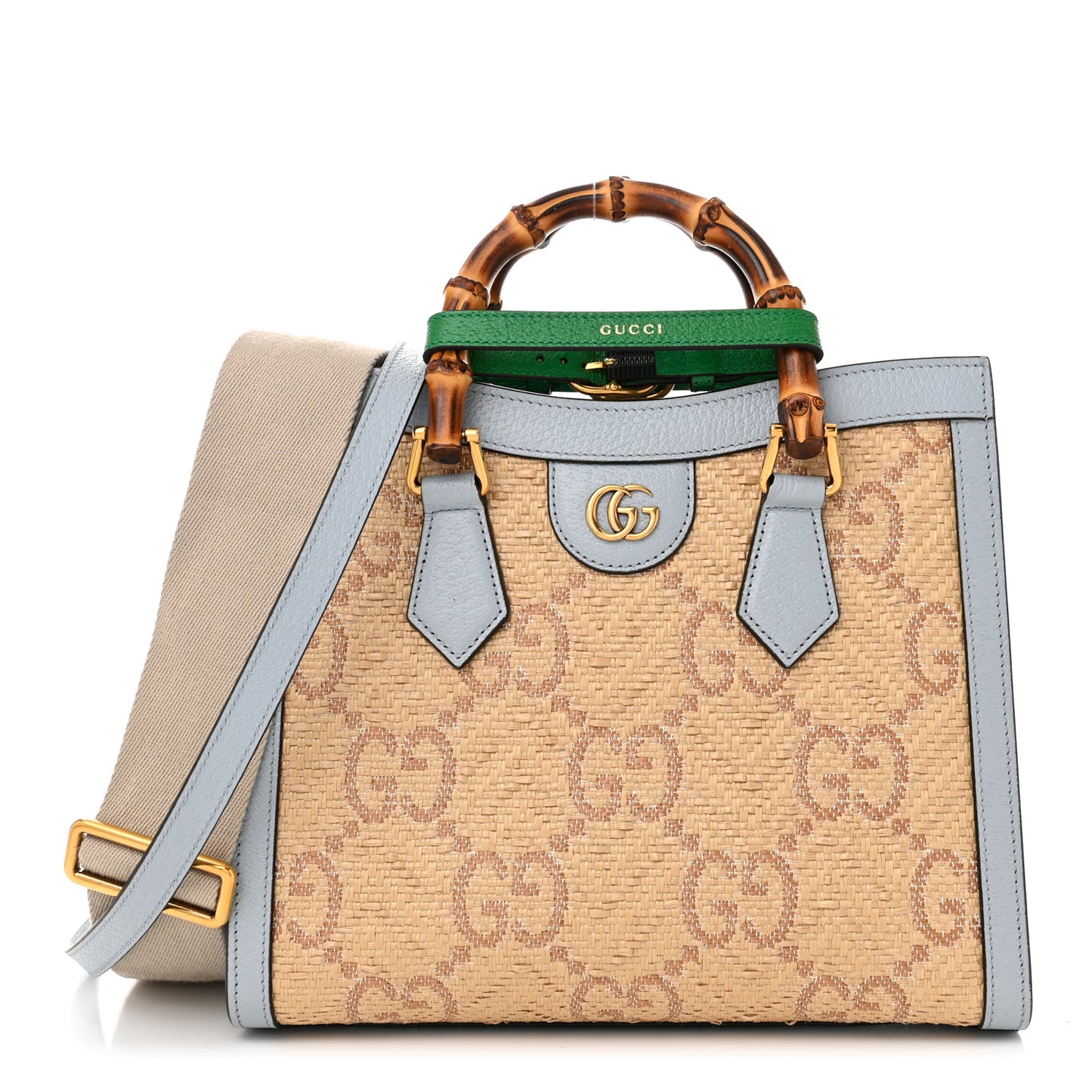 Raffia Textured Dollar Calfskin Web GG Monogram Small Diana Tote Bag Natural Brown New Shamarock Green