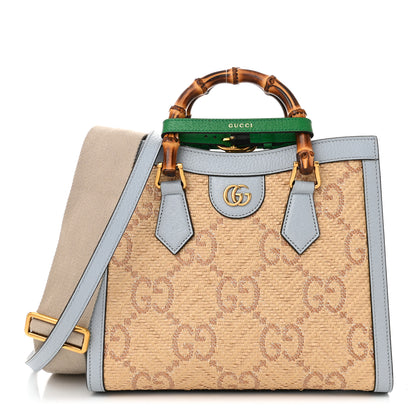 Gucci Raffia Textured Dollar Calfskin Web GG Monogram Small Diana Tote Bag Natural Brown New Shamarock Green 1 of 10