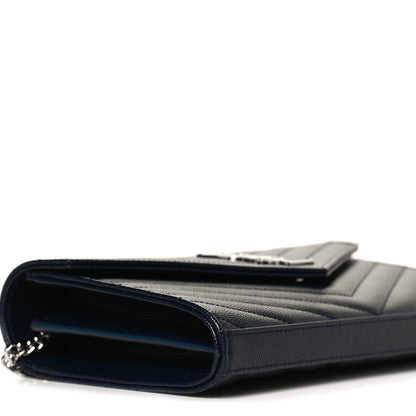 Saint Laurent Grain De Poudre Matelasse Chevron Monogram Envelope Chain Wallet Deep Marine 8 of 10