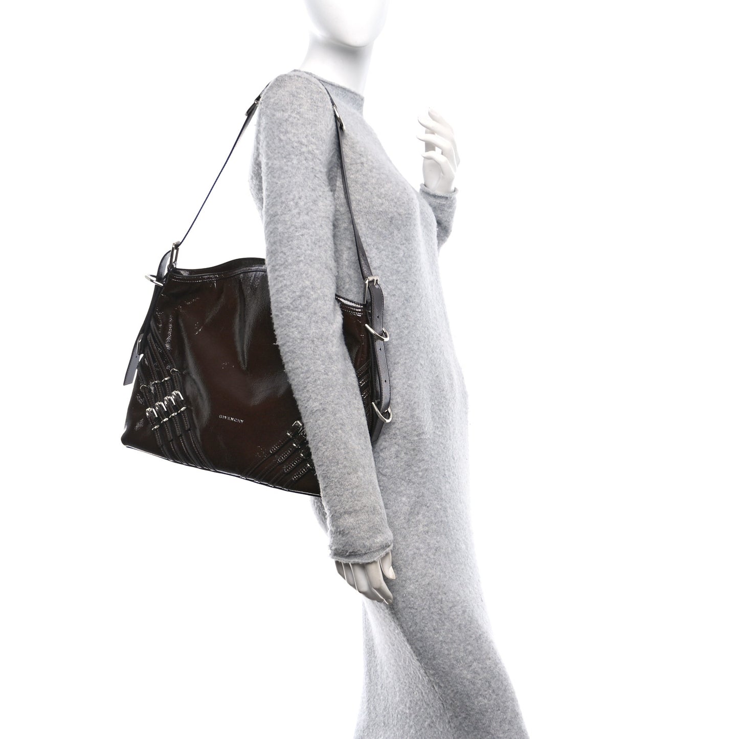 Shiny Patent Calfskin Medium Voyou Bag Ebony Brown
