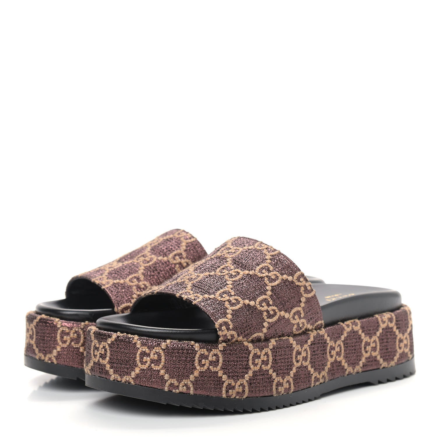 Gucci Lame GG Monogram Angelina Platform 55mm Slide Sandals 37 Brown Beige 2 of 9