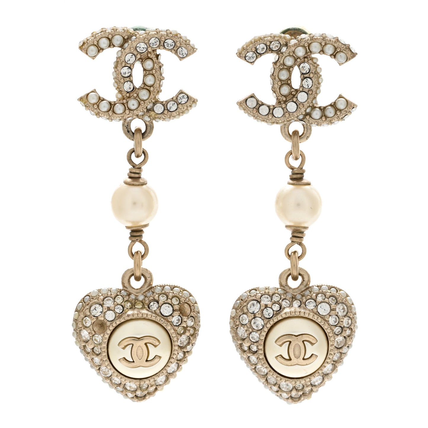 Pearl Crystal CC Heart Drop Earrings Gold White