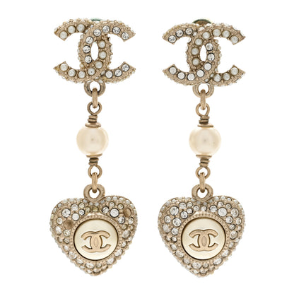Chanel Pearl Crystal CC Heart Drop Earrings Gold White 1 of 5