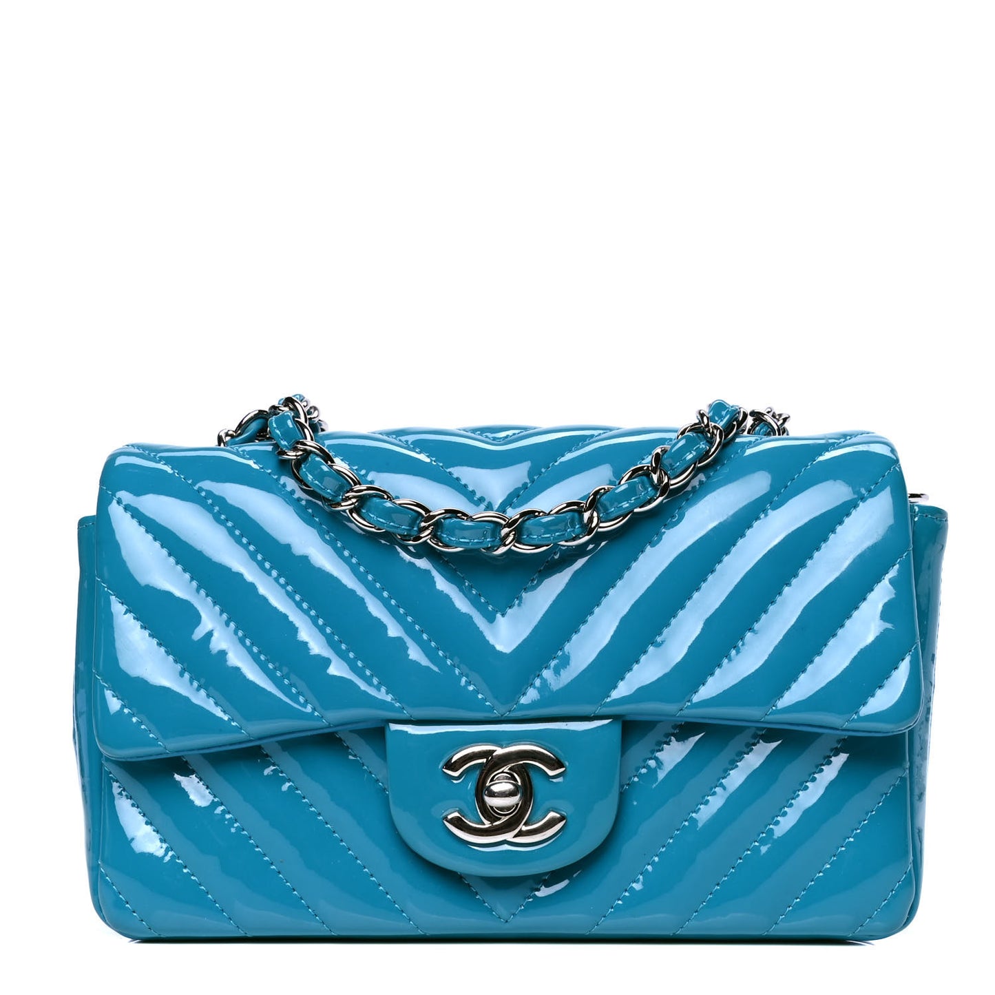 Patent Calfskin Chevron Quilted Mini Rectangular Flap Blue