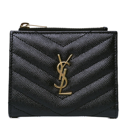 Saint Laurent Grain De Poudre Matelasse Chevron Monogram Zipped Card Case Black 1 of 4