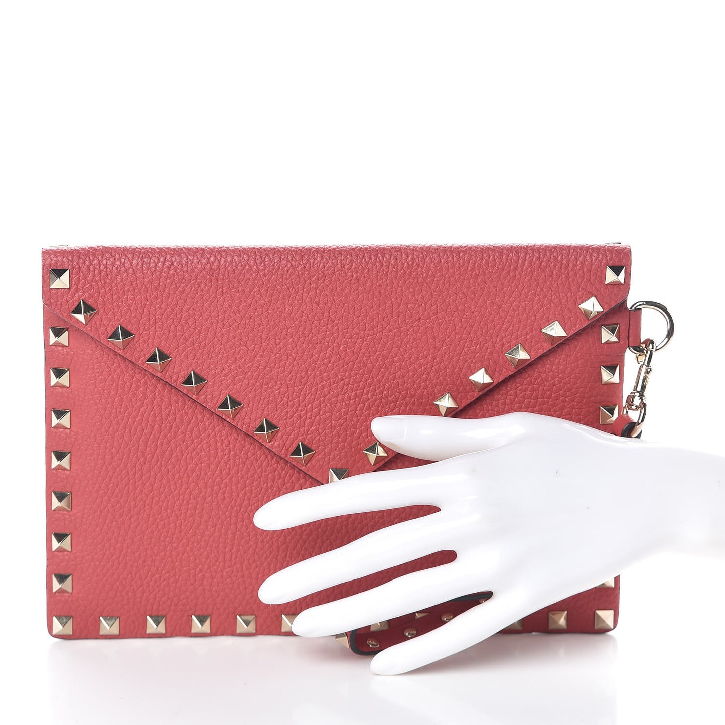 Pebbled Calfskin Medium Rockstud Envelope Flat Wristlet Pouch Red