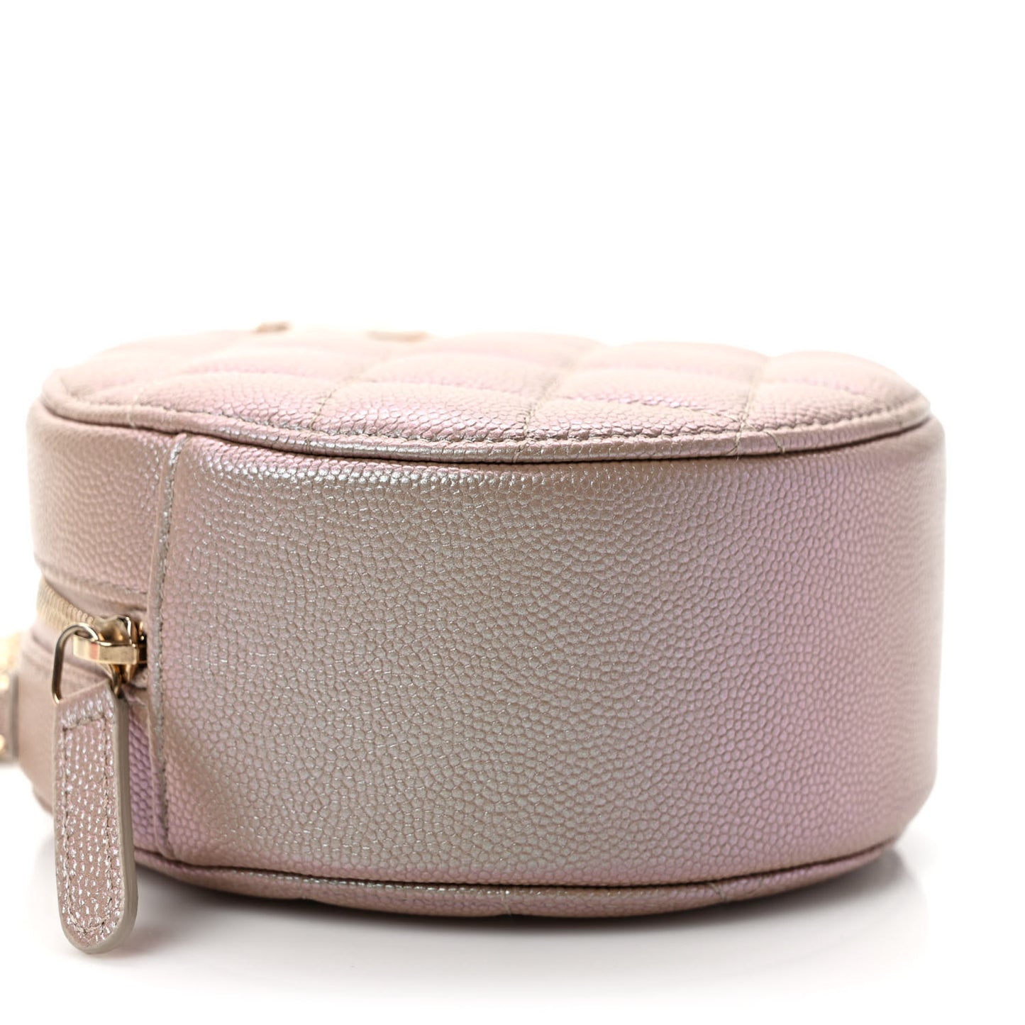 Iridescent Caviar Resin Quilted Round Clutch With Chain Beige