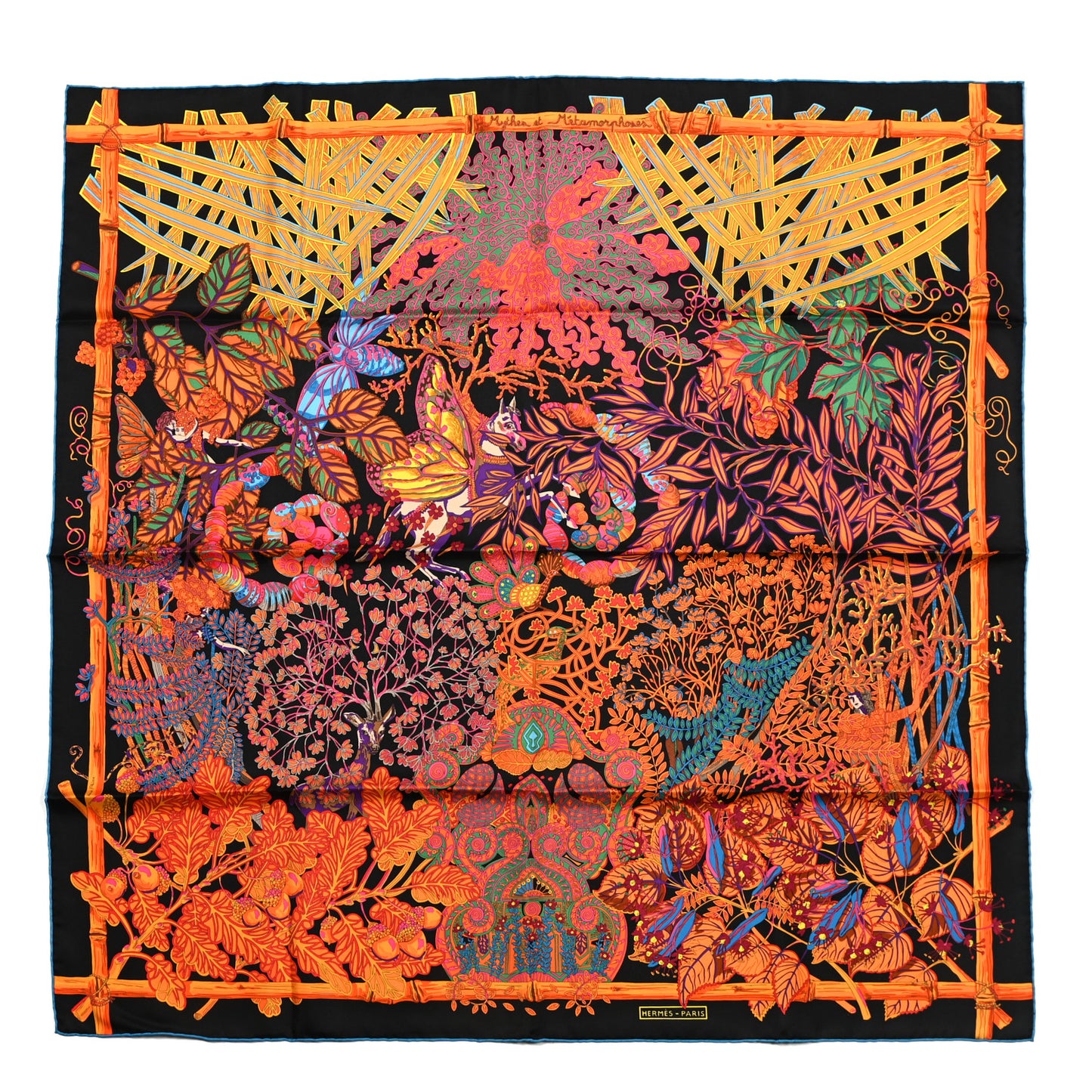 Silk Mythes et Metamorphoses Scarf 90 Black Orange Bleu