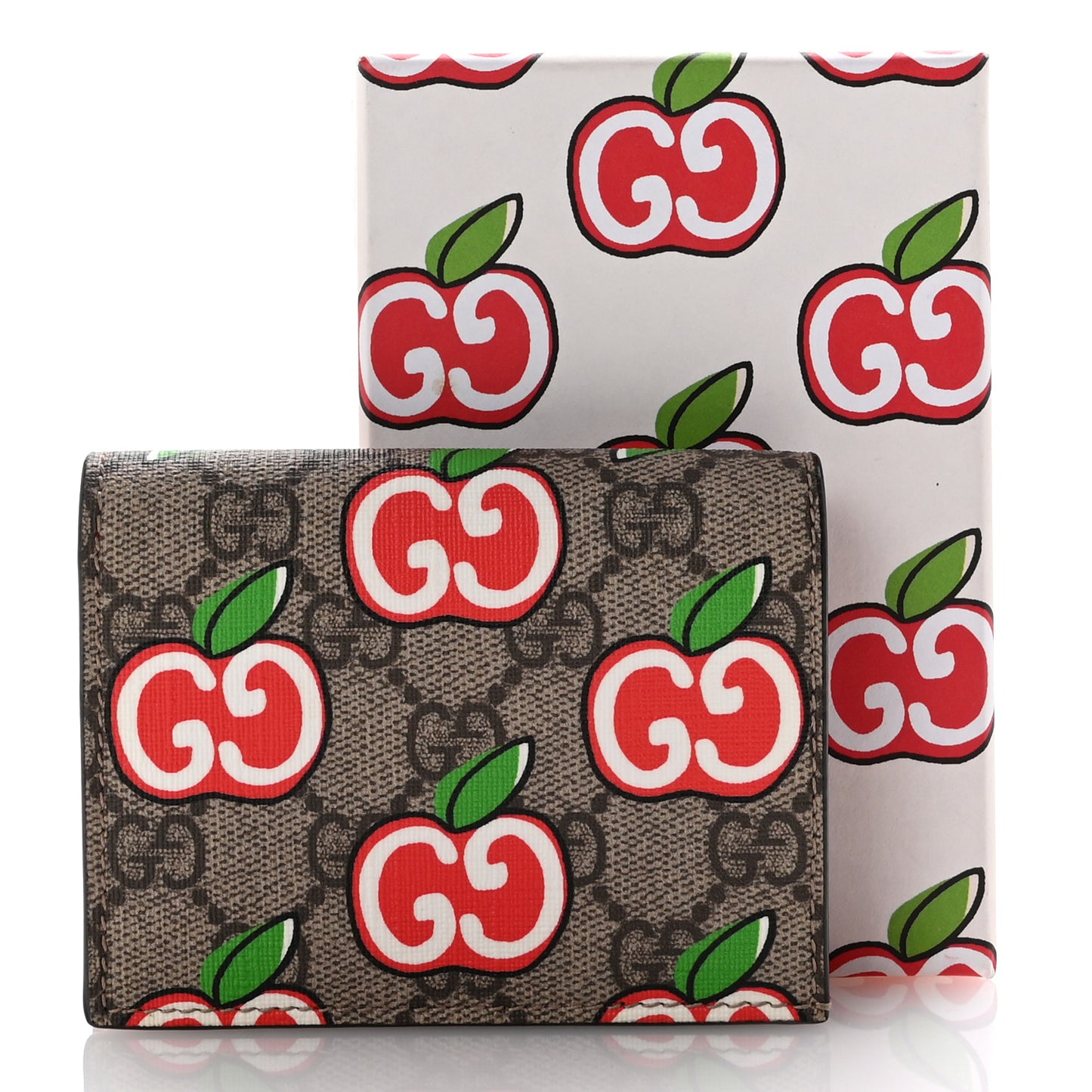 GG Supreme Monogram Apple Card Case Wallet Beige Multicolor Lobster Red