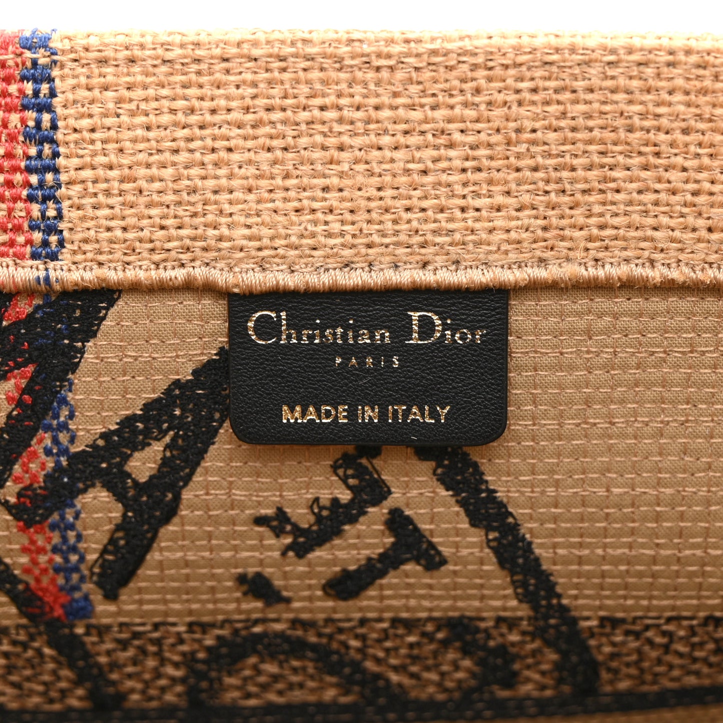 Canvas Jute Embroidered Medium Book Tote Black Beige