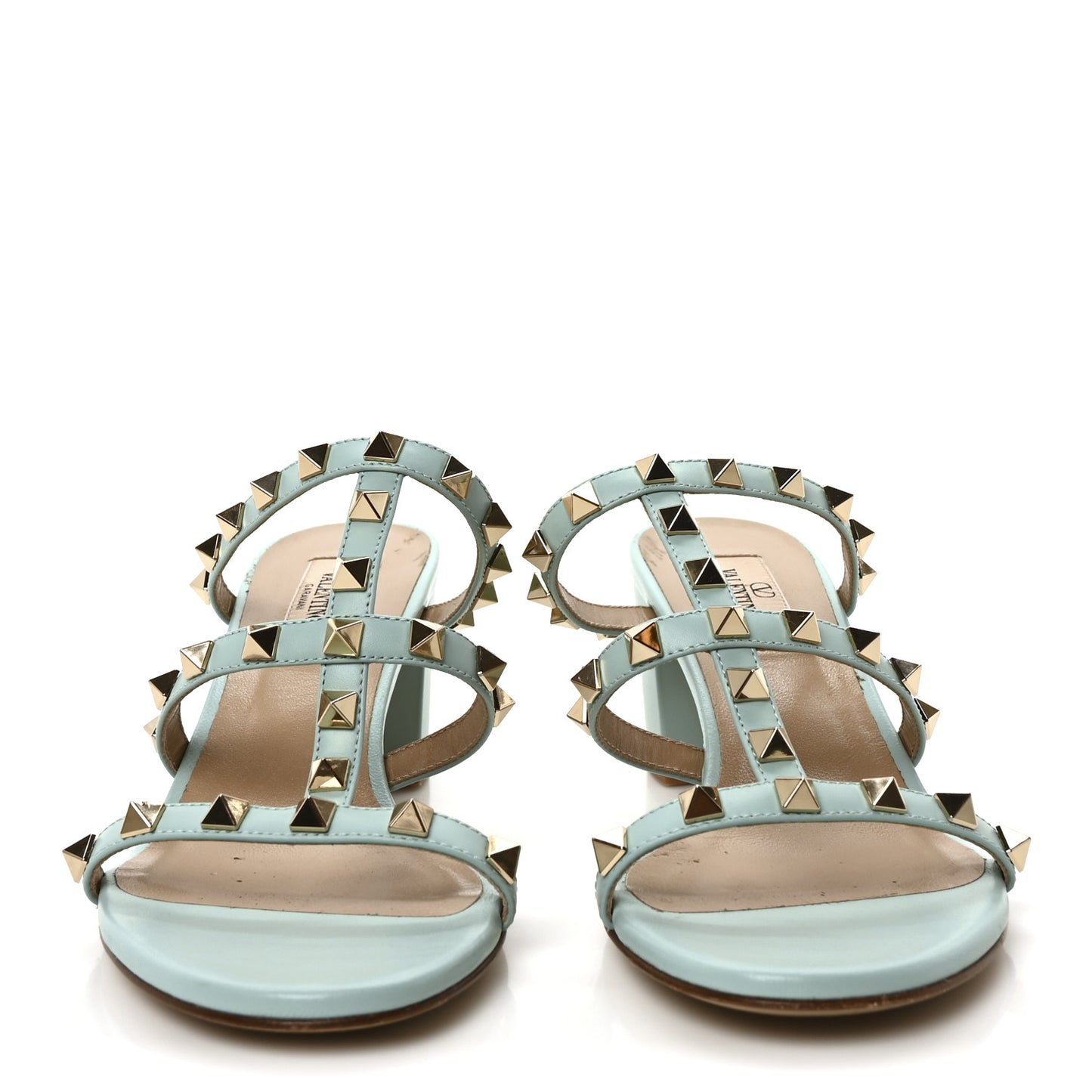 Calfskin Nappa Rockstud 60mm Caged Slide Sandals 37.5 Light Blue