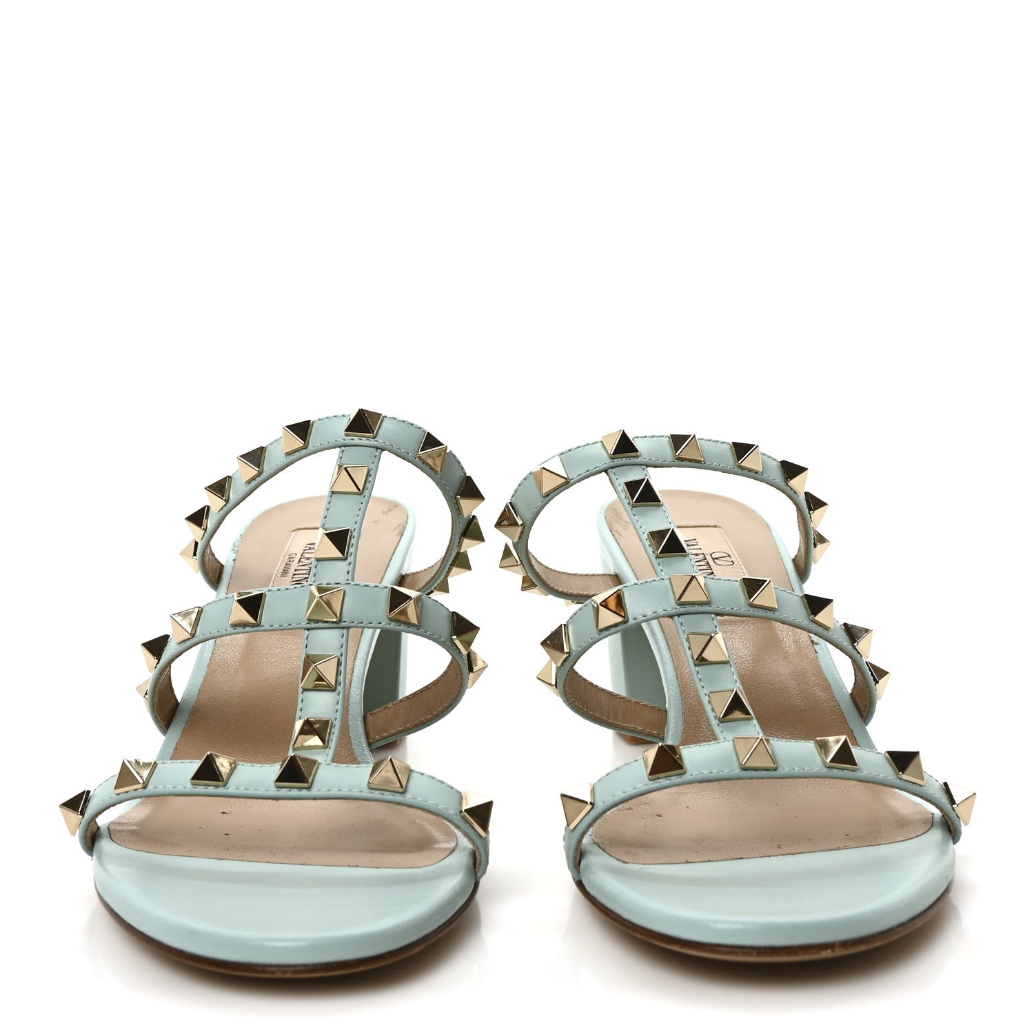 Valentino Garavani Calfskin Nappa Rockstud 60mm Caged Slide Sandals 37.5 Light Blue 3 of 9