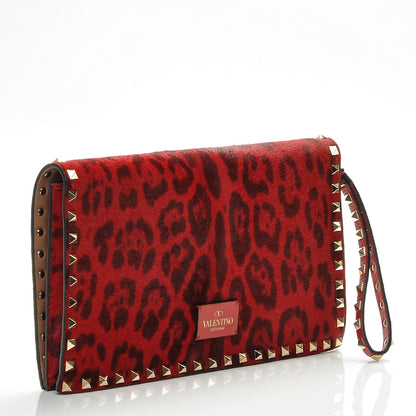 Valentino Garavani Calf Hair Leopard Print Rockstud Wristlet Clutch Red 3 of 8