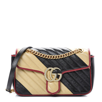 Gucci Vintage Effect Calfskin Matelasse Diagonal Striped Small Torchon GG Marmont Shoulder Bag Black Beige 1 of 10