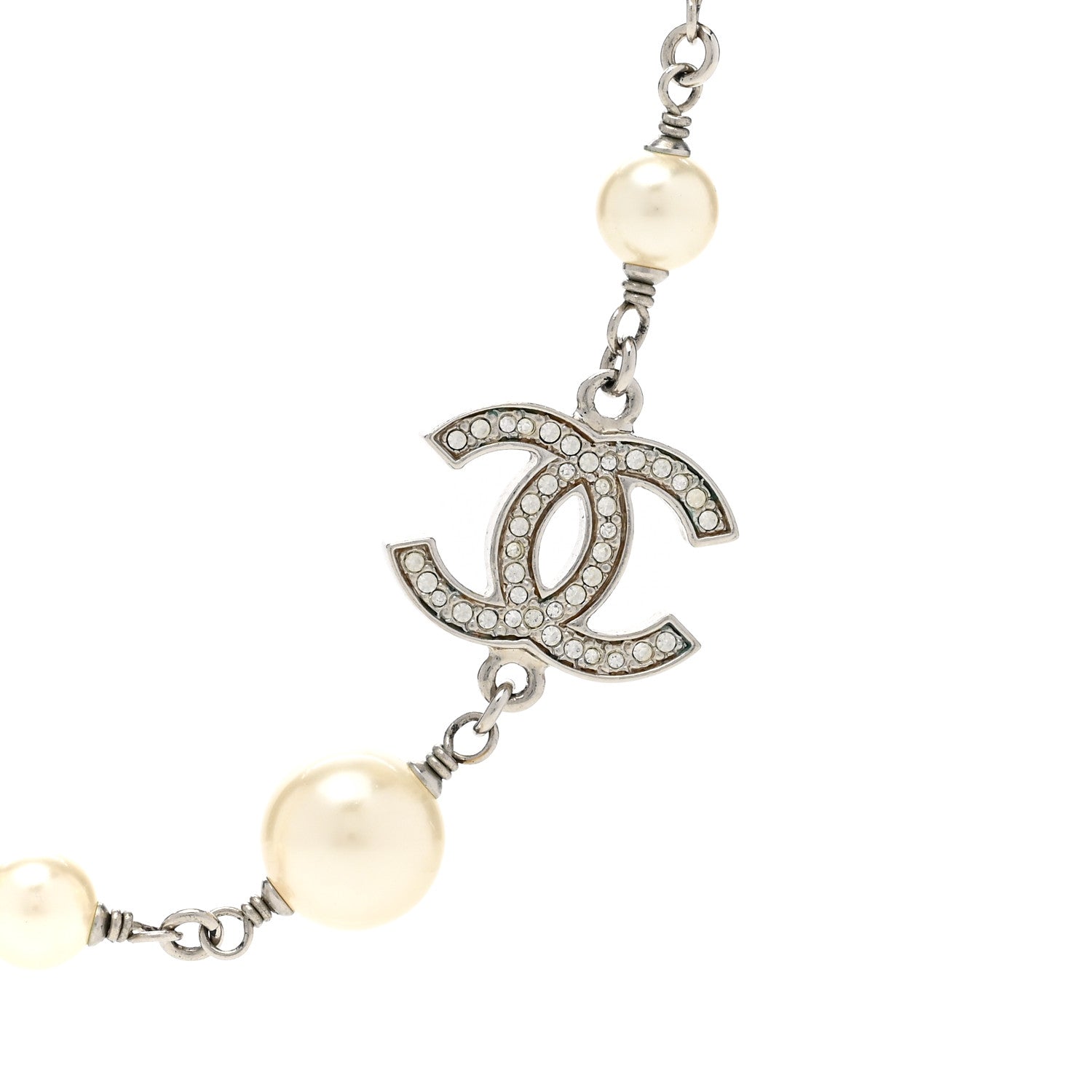 Chanel Graduated Pearl Crystal CC Long Necklace Silver 4 of 6