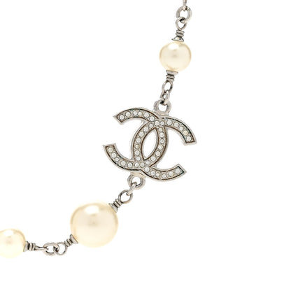 Chanel Graduated Pearl Crystal CC Long Necklace Silver 4 of 6