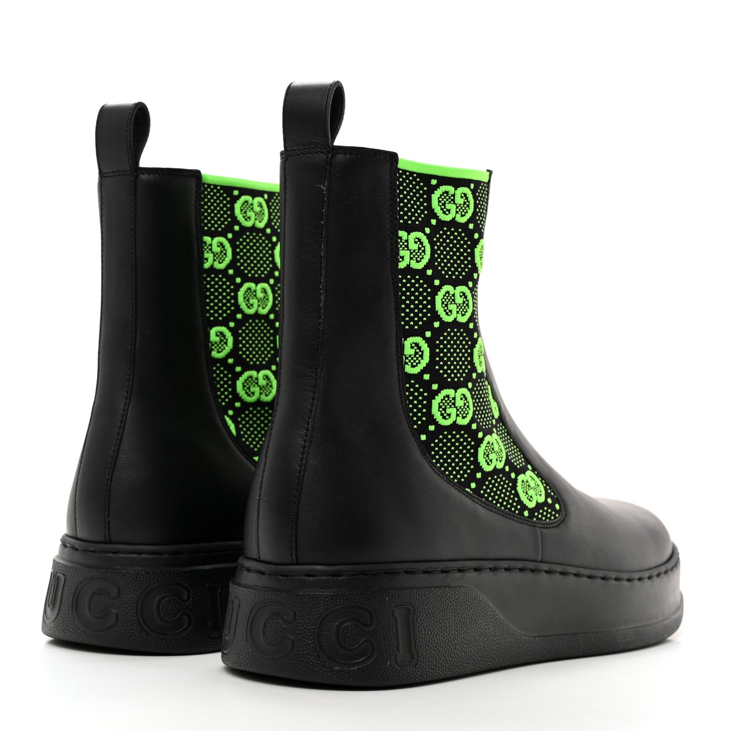 Dali Soft Calfskin Technical Jersey Knit GG Monogram Mens Ankle Boots 11 Black Neon Green