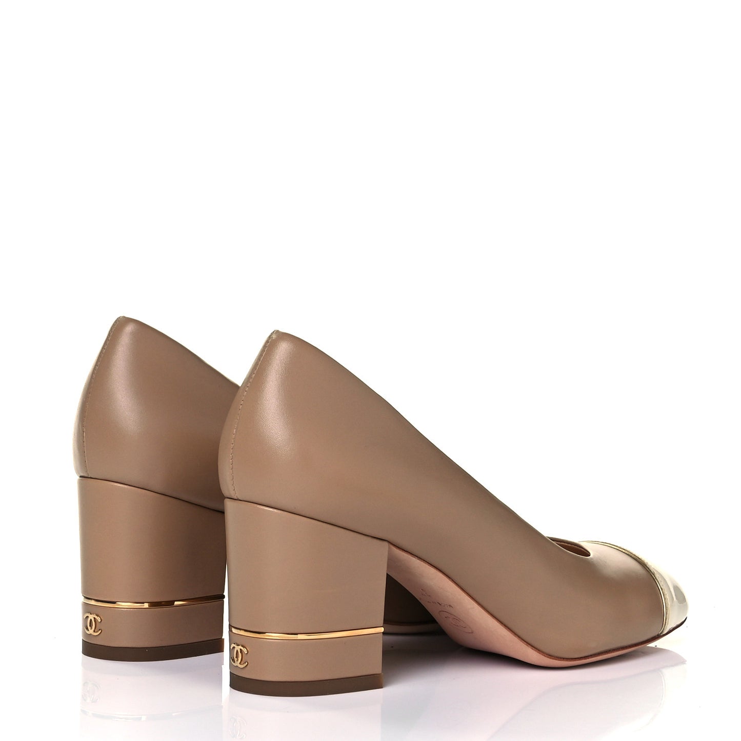 Lambskin Patent Cap Toe Pumps 37 Beige
