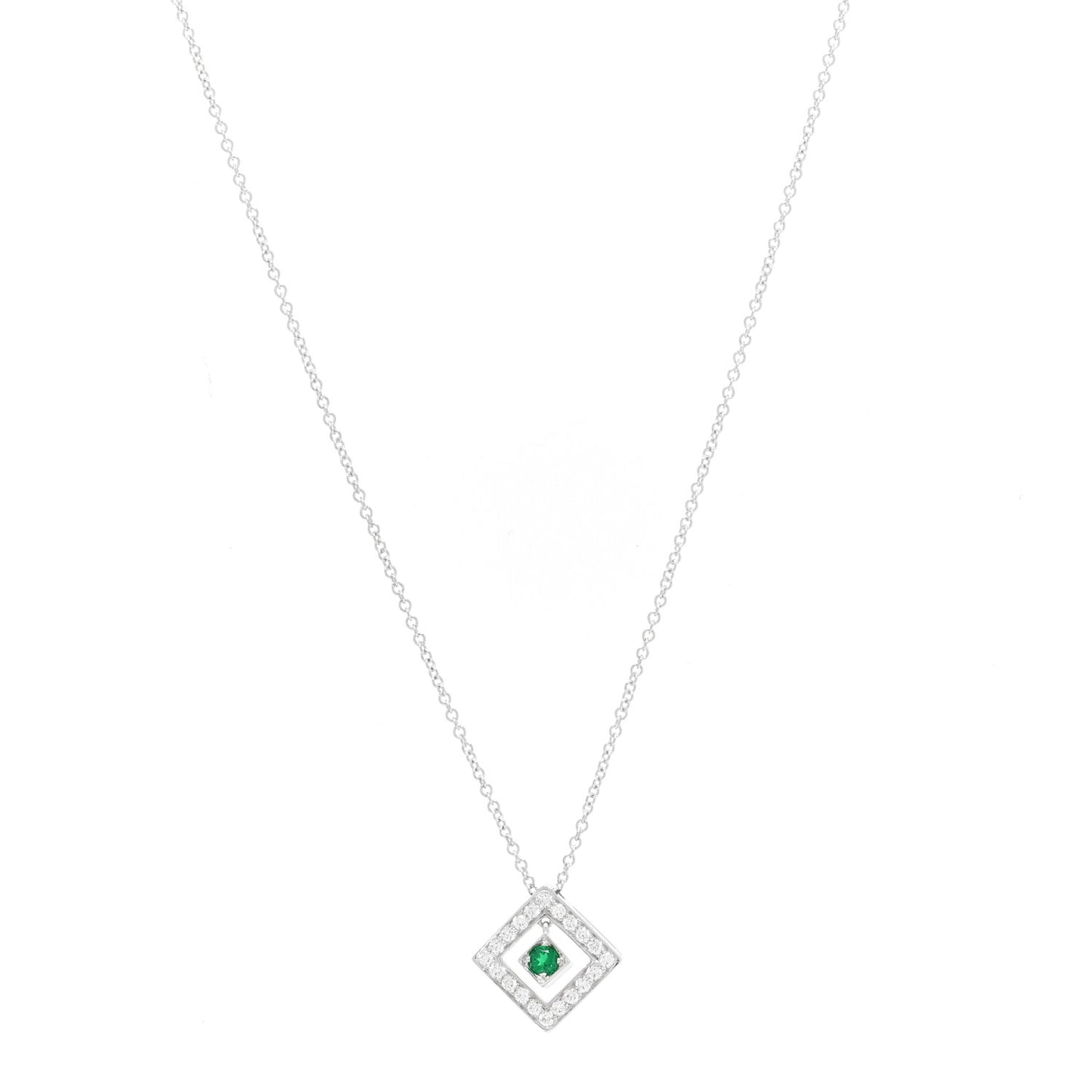 Platinum Diamond Emerald Square Pendant Necklace