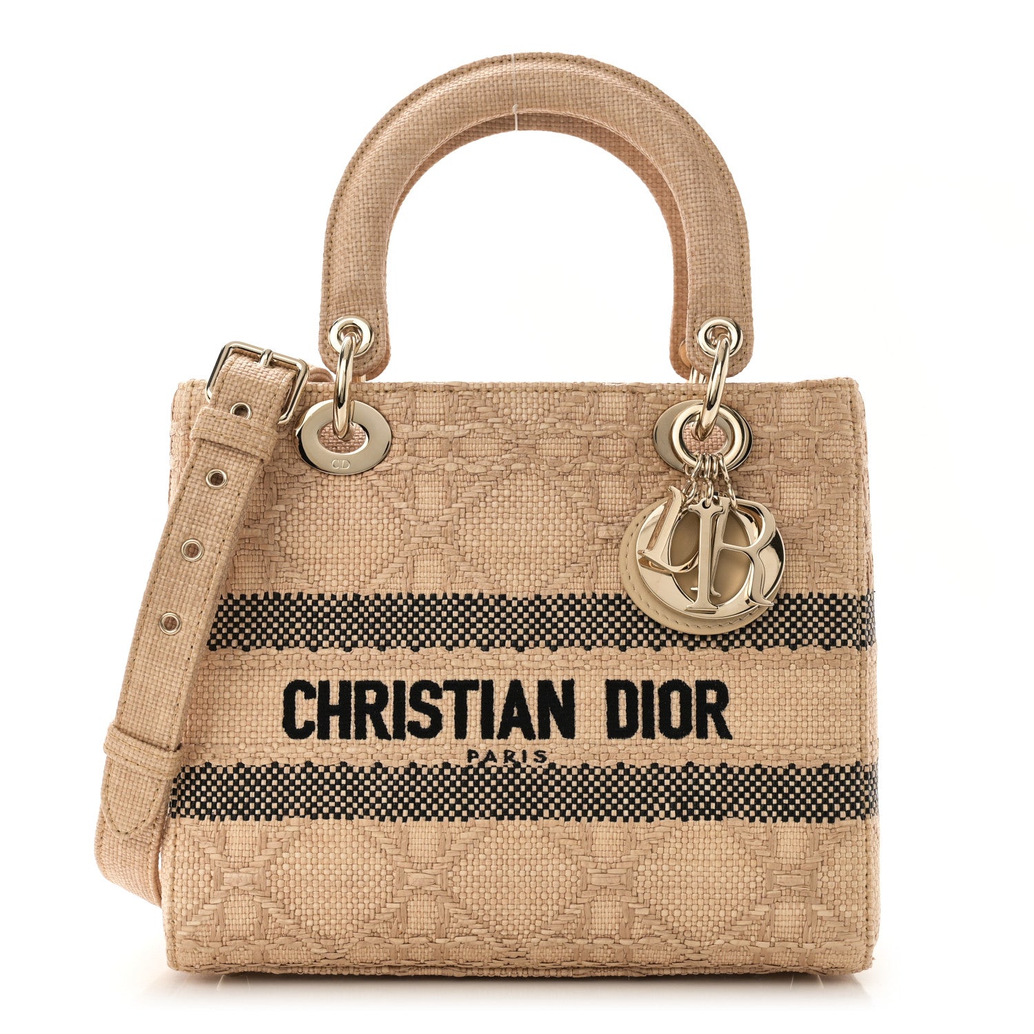 Christian Dior Raffia Woven Cannage Embroidered Medium Lady D-Lite Natural Black 1 of 10