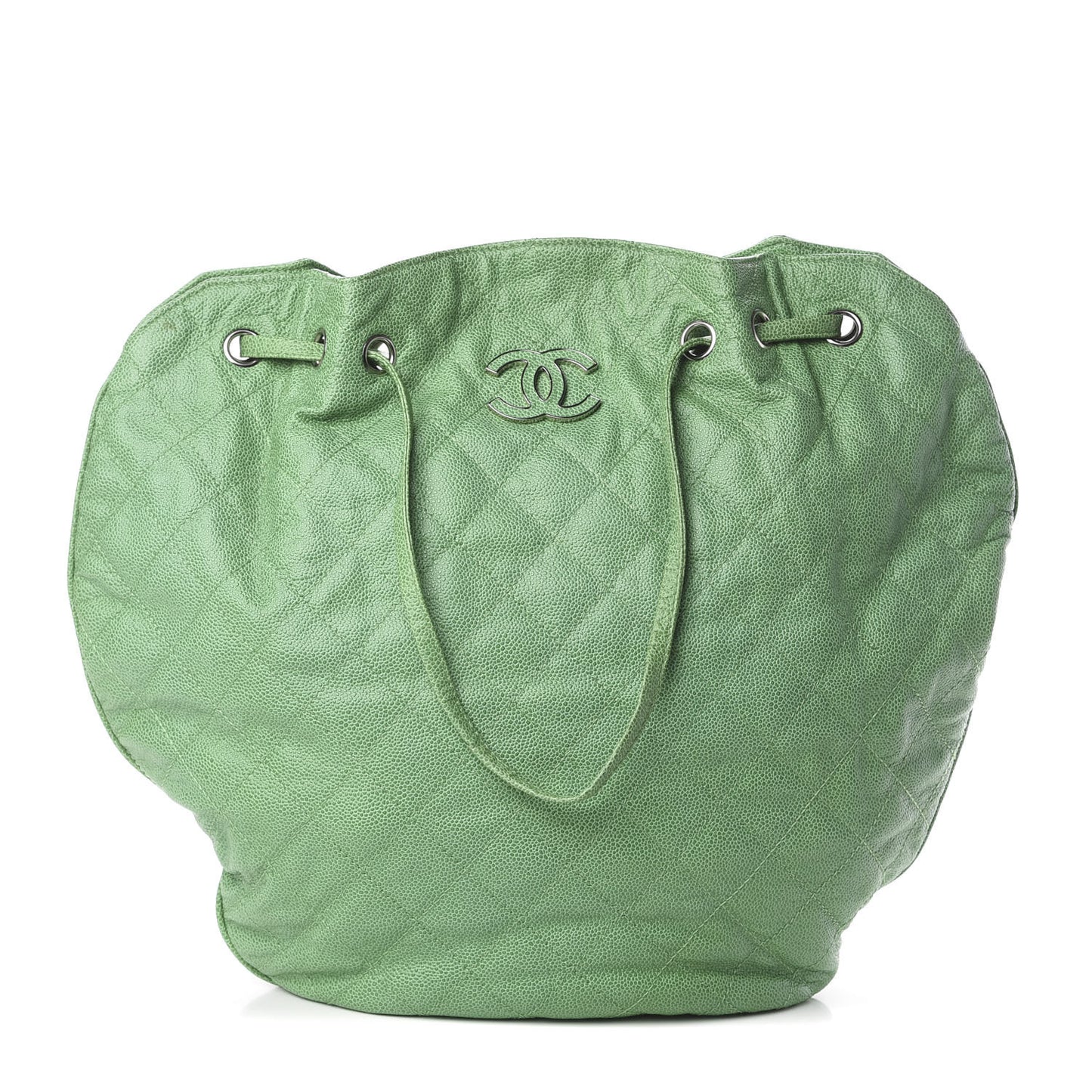 Crumpled Grained Calfskin Drawstring Tote Green