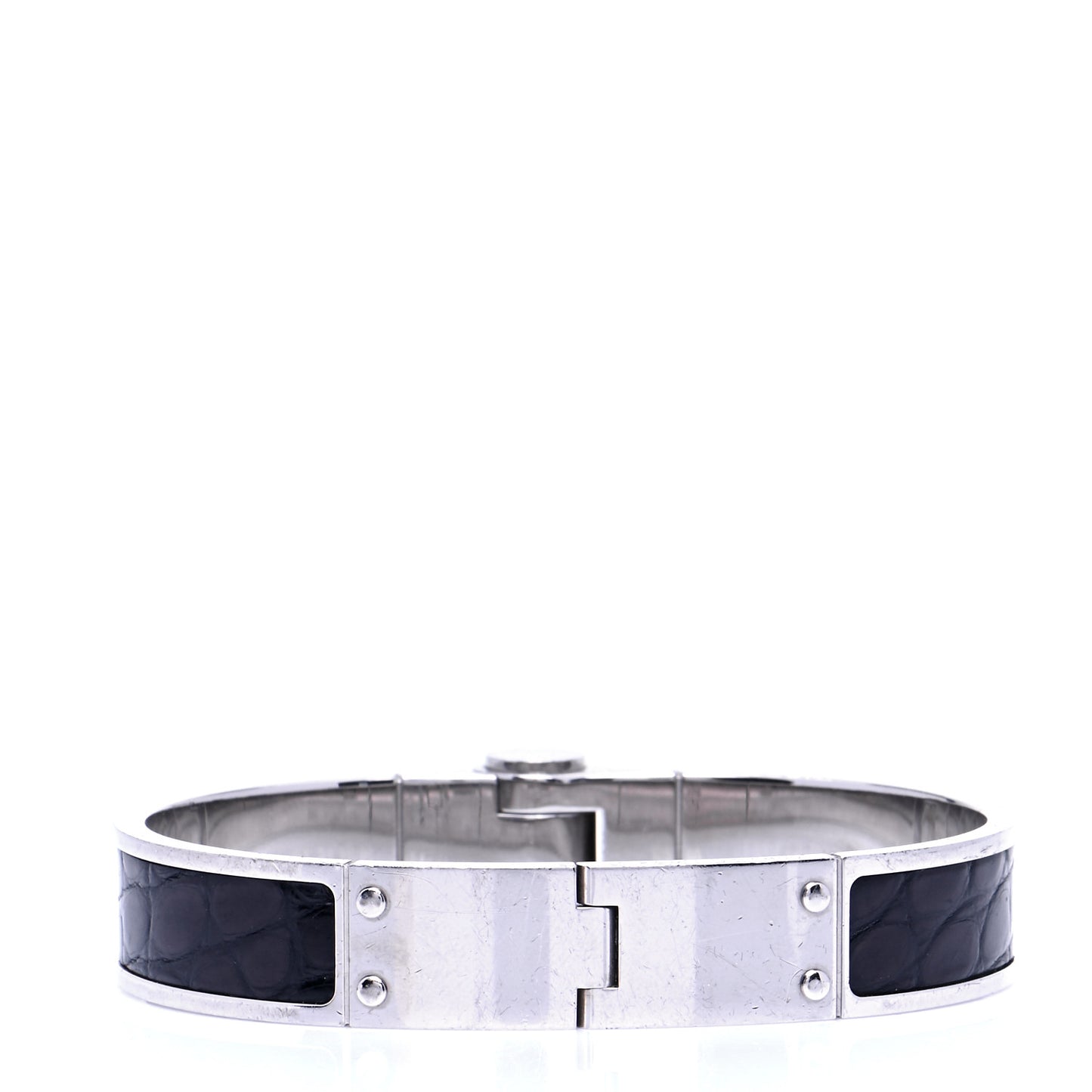 Crocodile Charniere Cuir Narrow Hinged Bracelet Black