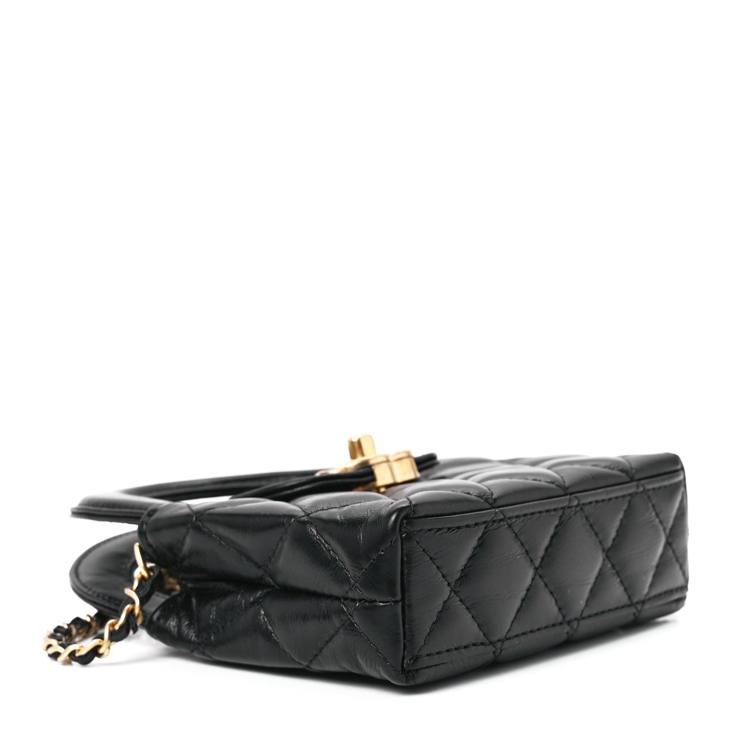 Shiny Aged Calfskin Quilted Mini Nano Kelly Shopper Black
