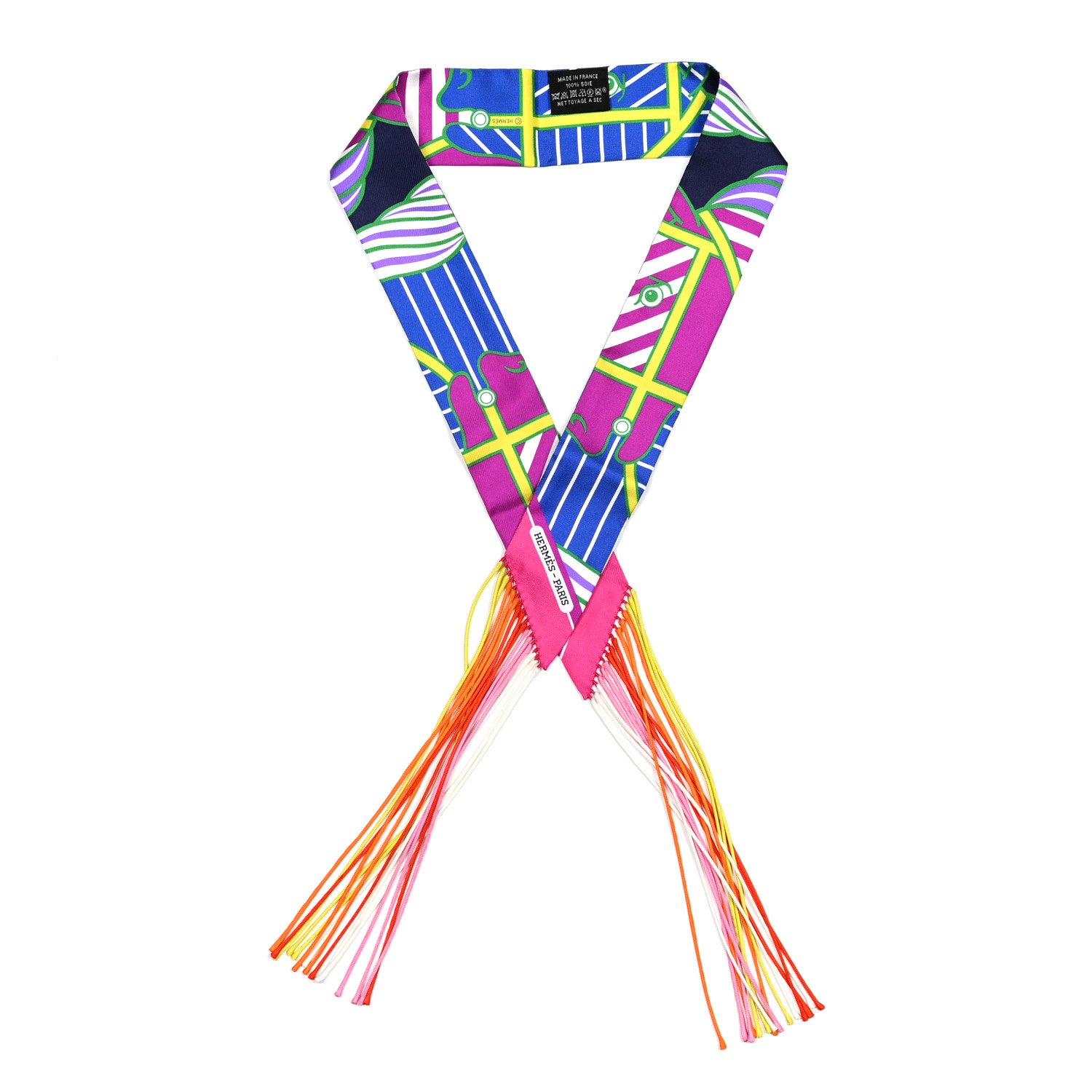 Hermes Silk Quadrige Bayadere Fringed Twilly Fuchsia Bleu Jaune 1 of 5