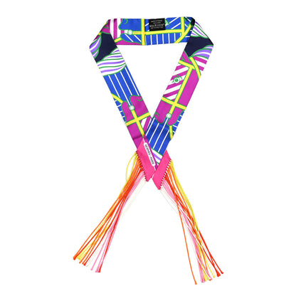 Hermes Silk Quadrige Bayadere Fringed Twilly Fuchsia Bleu Jaune 1 of 5