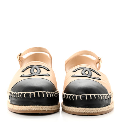 Chanel Lambskin Cap Toe CC Espadrille Sandals 38 Beige Black 2 of 9