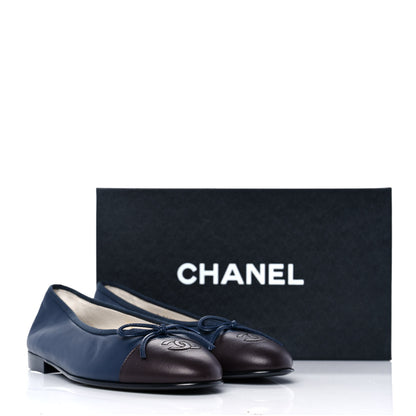 Chanel Lambskin Cap Toe Ballerina Flats 38.5 Dark Navy Marron 8 of 11