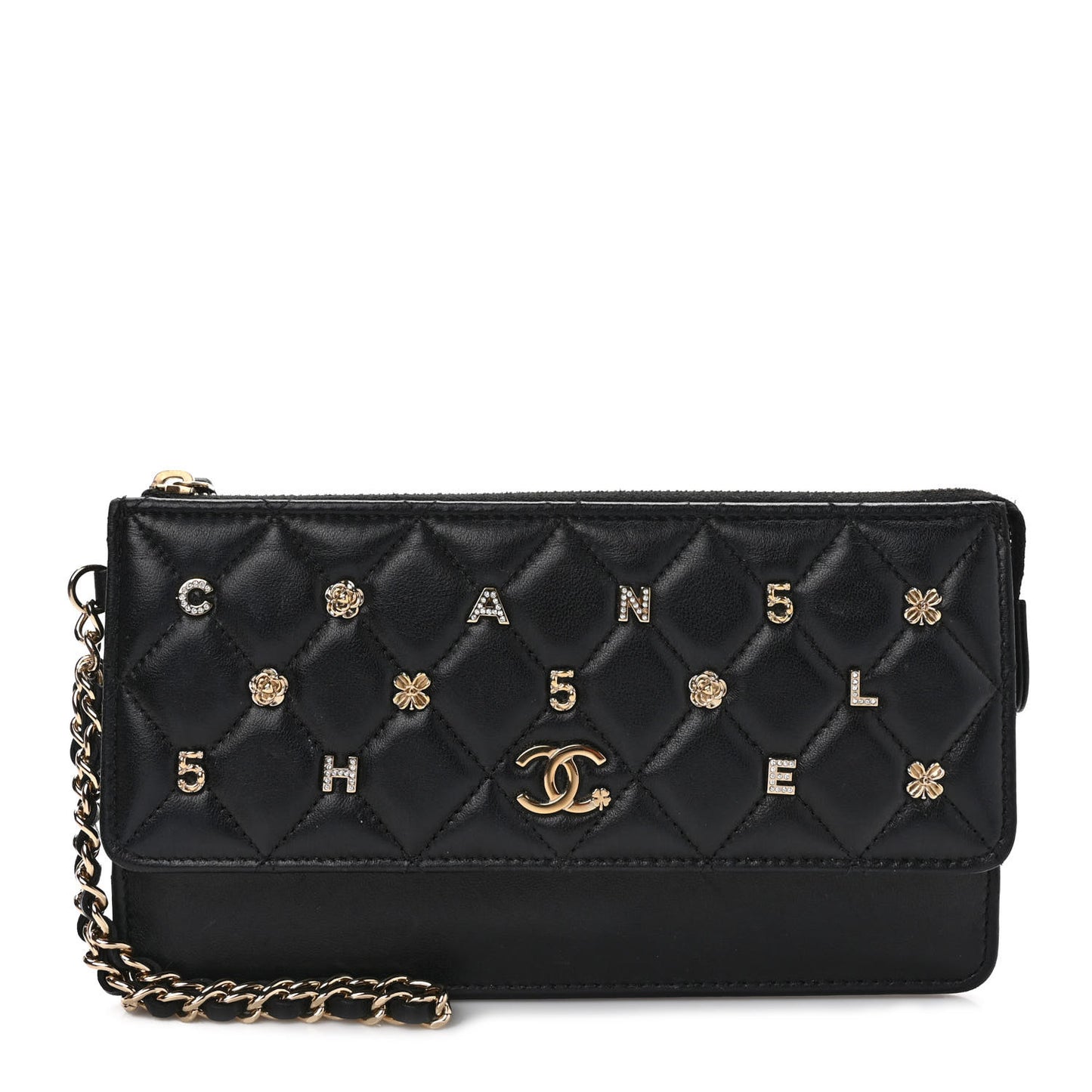 Lambskin Quilted All About Chanel Charm Wristlet Wallet Black
