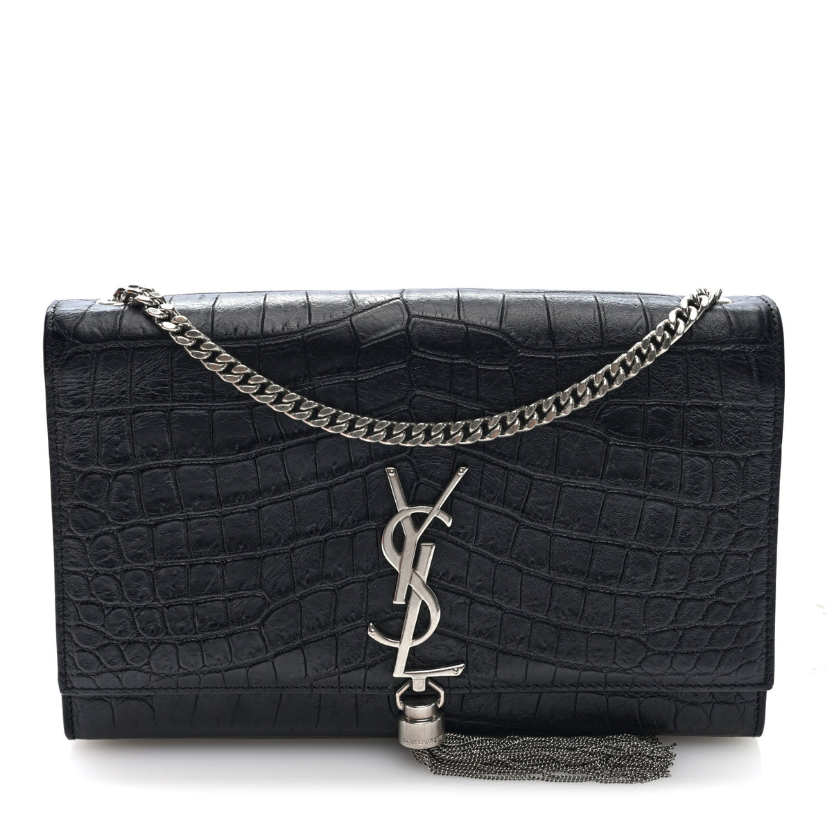 Calfskin Crocodile Embossed Medium Classic Monogram Kate Tassel Satchel Black