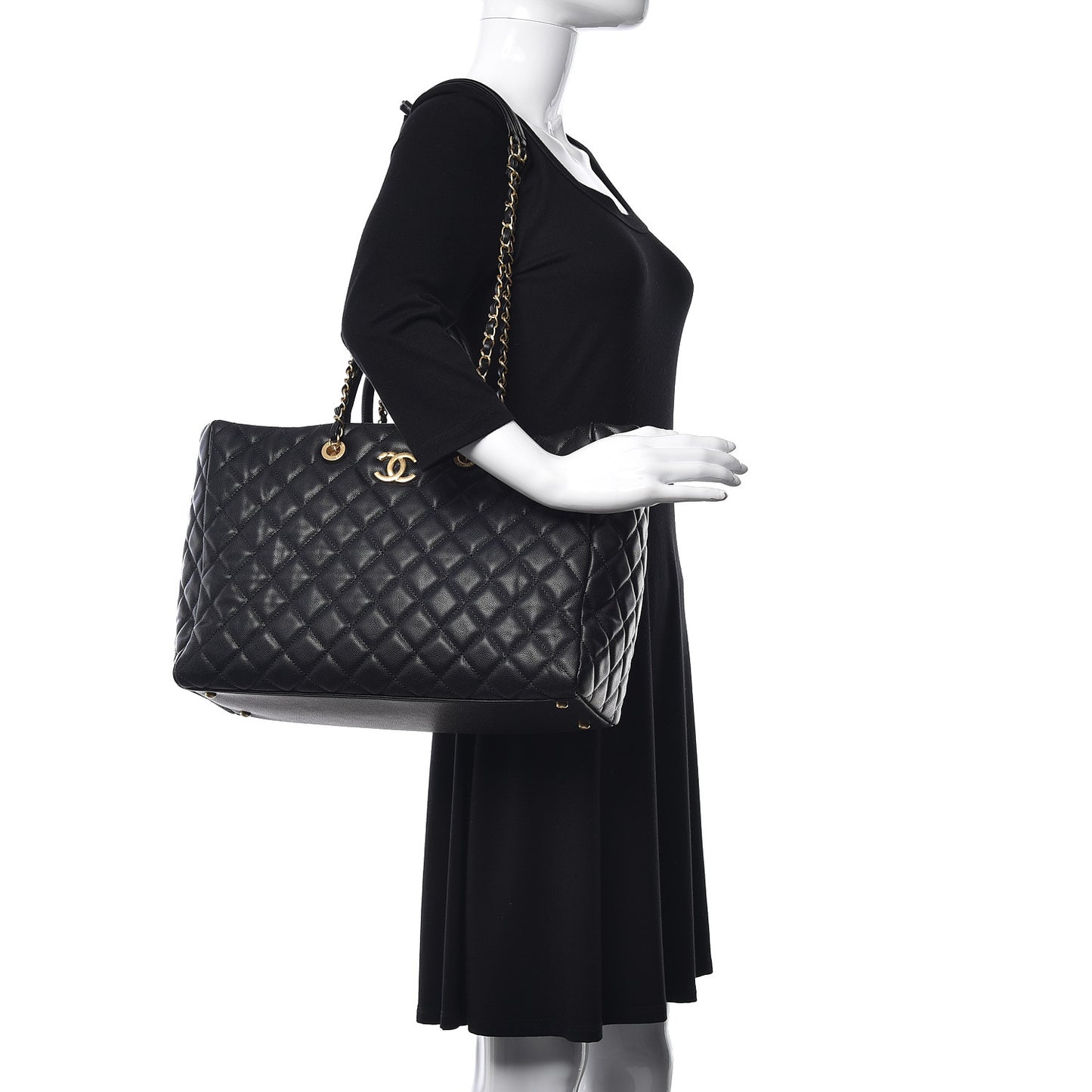Caviar Quilted Large Coco Handle Shopping Tote Black