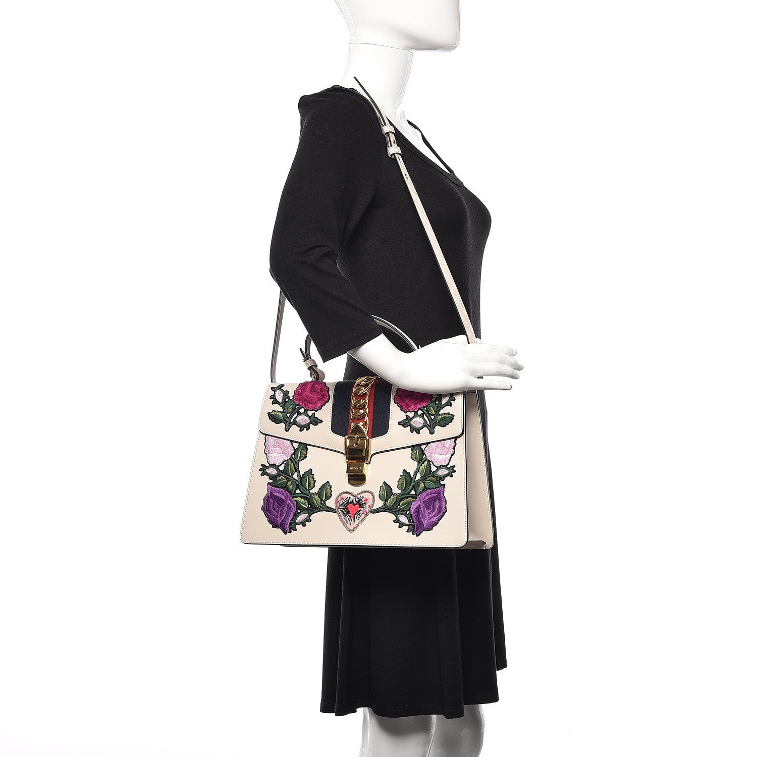 Gucci Calfskin Embroidered Medium Sylvie Top Handle Bag White 3 of 11