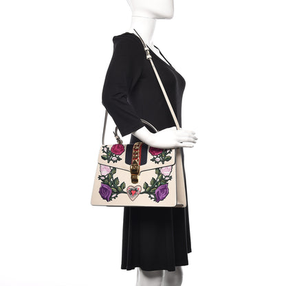 Gucci Calfskin Embroidered Medium Sylvie Top Handle Bag White 3 of 11