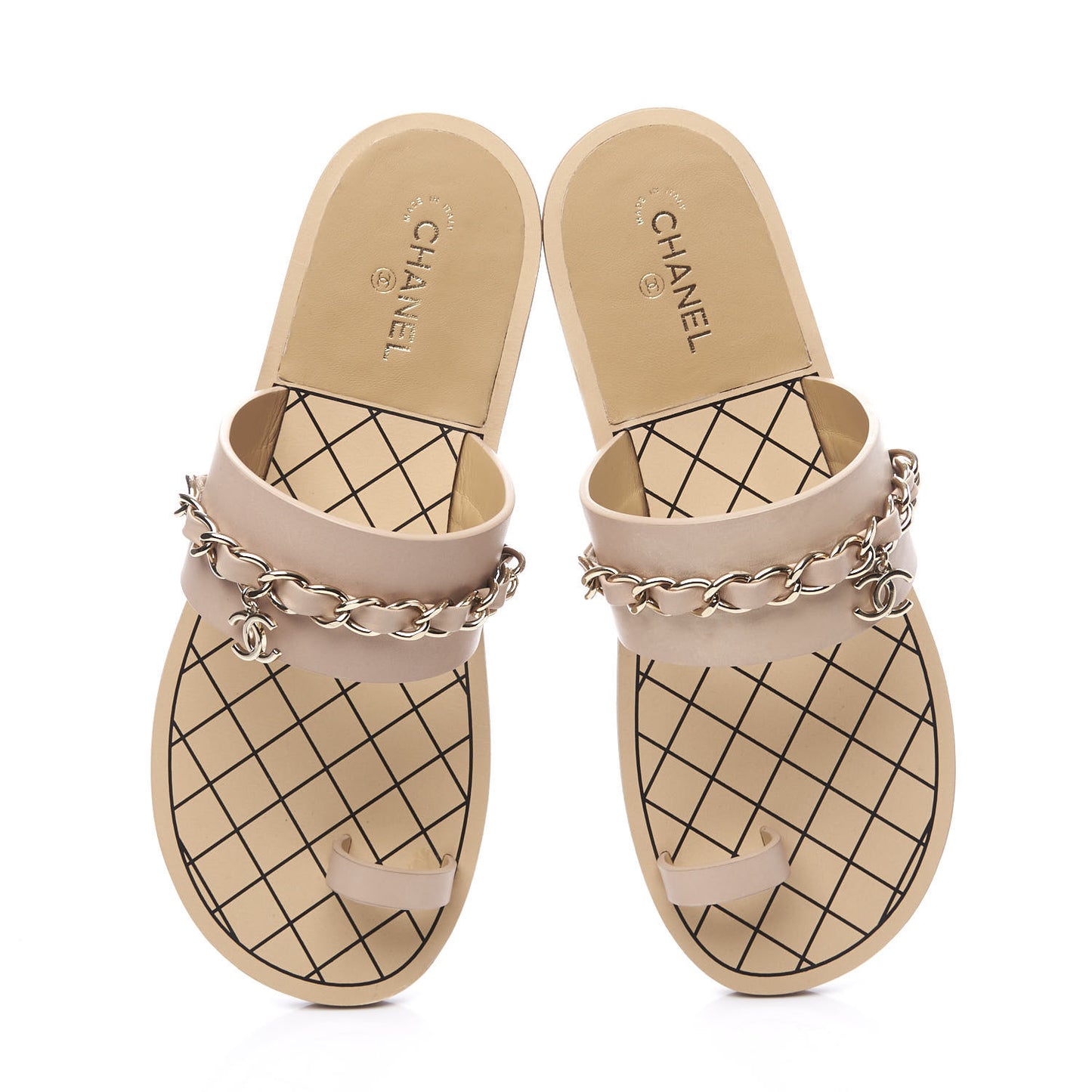 Calfskin Chain CC Logo Toe Ring Sandals 37 Beige