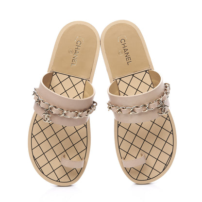 Chanel Calfskin Chain CC Logo Toe Ring Sandals 37 Beige 5 of 13