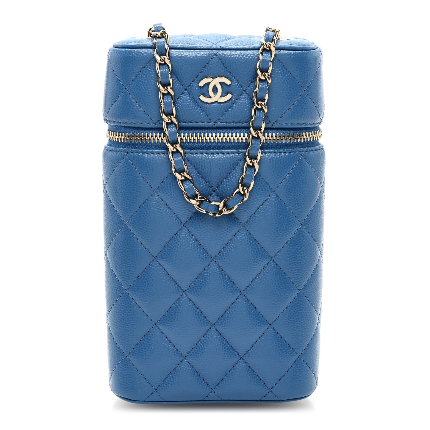 Caviar Quilted Phone Holder With Chain Blue