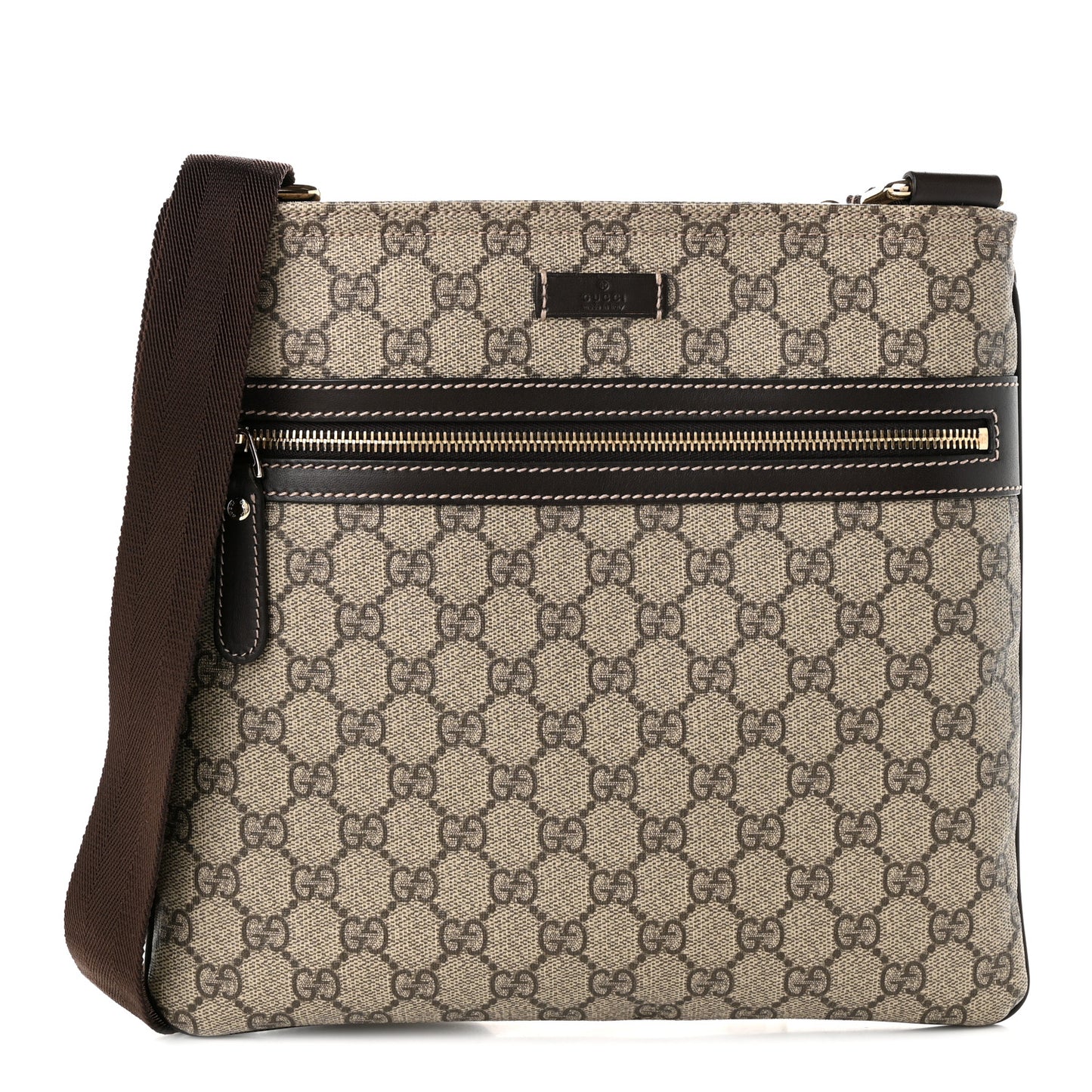 GG Supreme Monogram Selleria Calfskin Small Flat Side Zip Messenger Bag Beige Ebony Cocoa Dark Chocolate