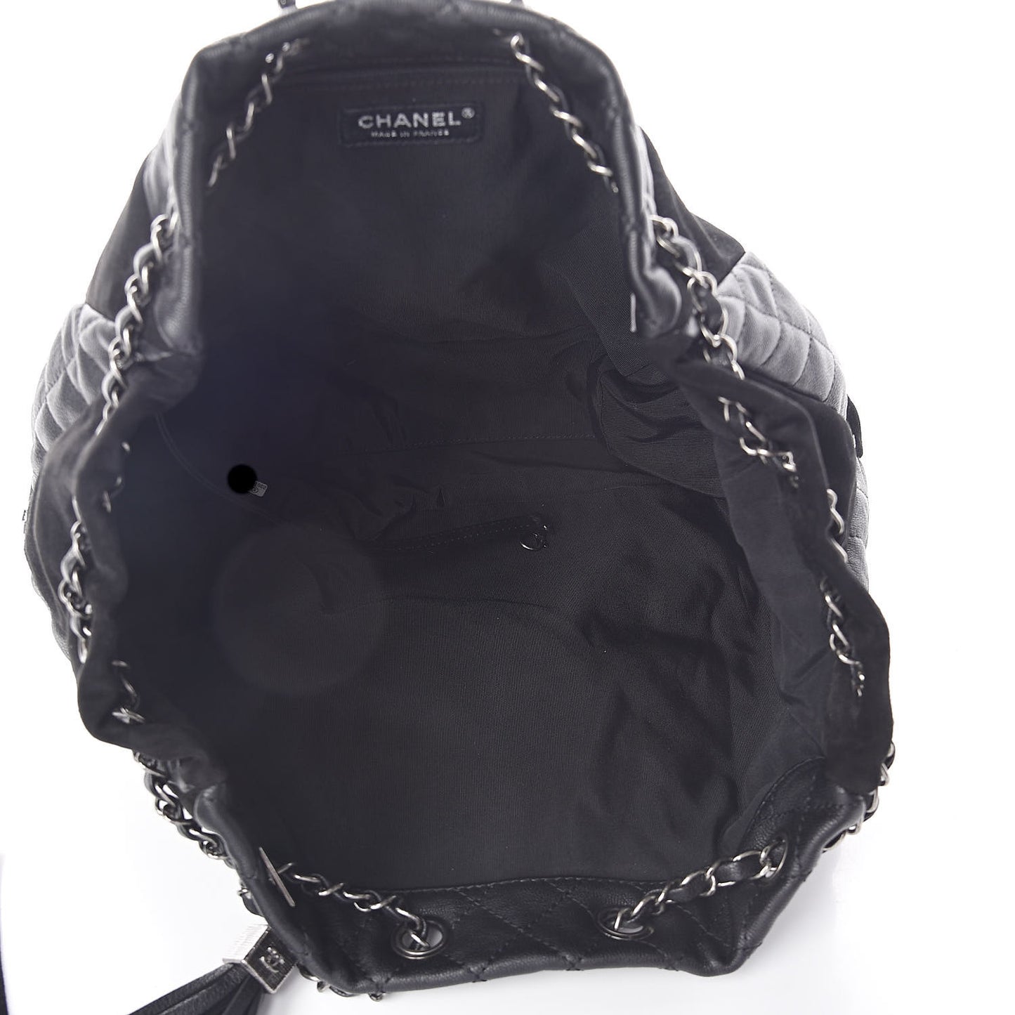Goatskin Suede Calfskin Quilted Patchwork Drawstring Bag Black
