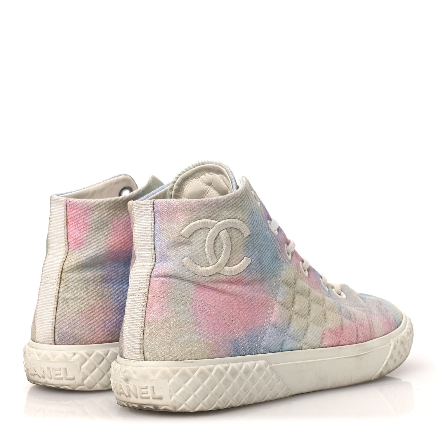 Chanel Printed Fabric High Top CC Sneakers 39 Green Pink Blue White 5 of 13
