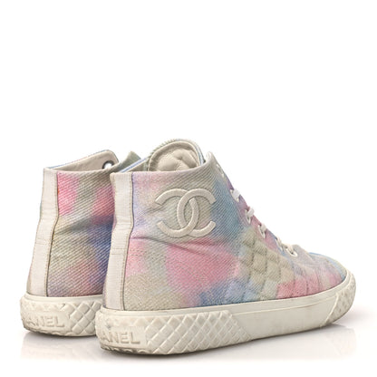 Chanel Printed Fabric High Top CC Sneakers 39 Green Pink Blue White 5 of 13