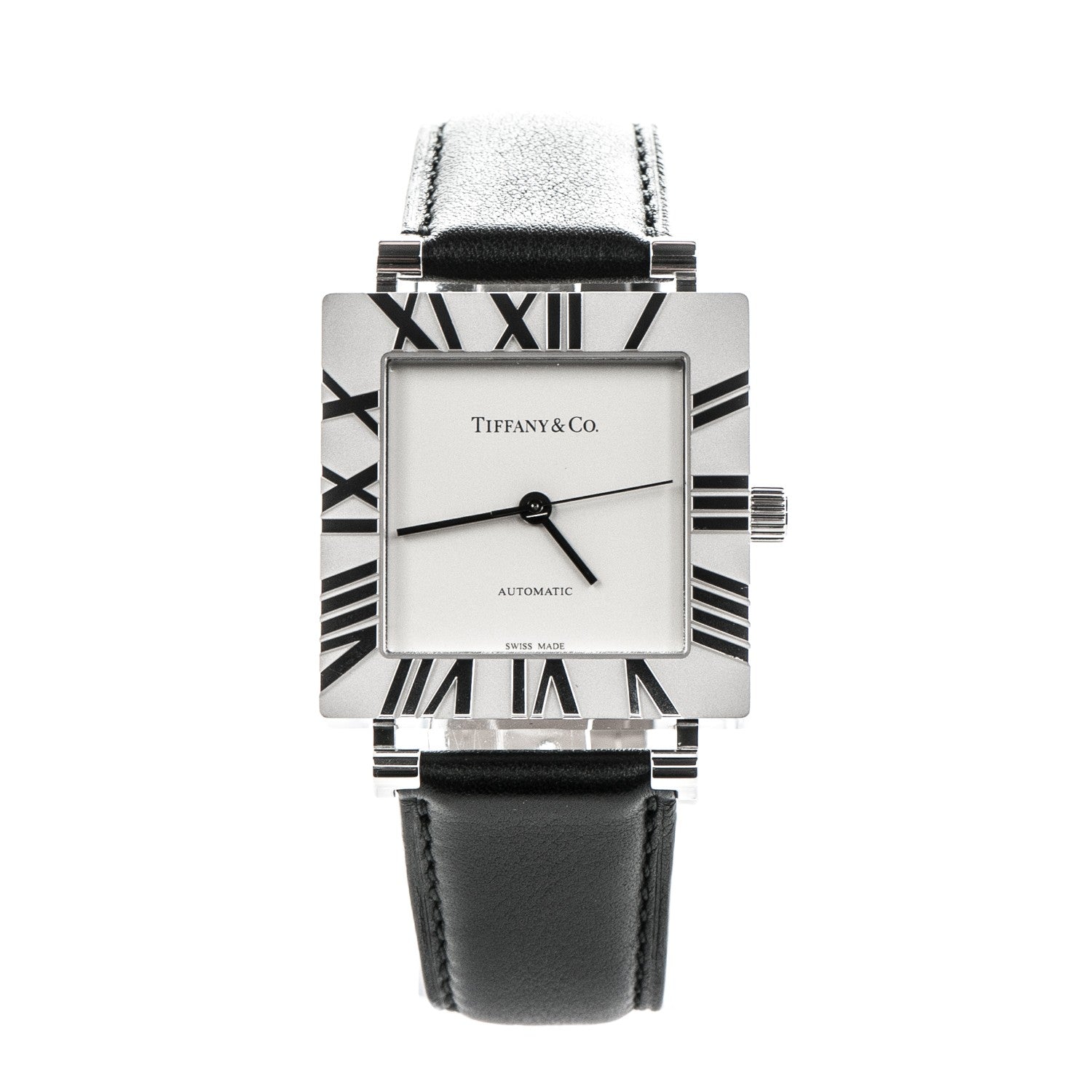 Tiffany Sterling Silver Calfskin 34mm Atlas Square Automatic Watch 1 of 7