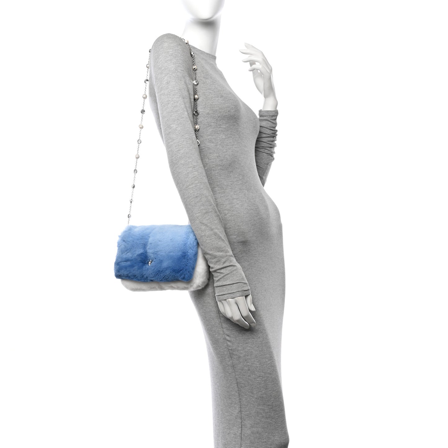 Rabbit Fur Crystal Flap Clutch Azzuro White