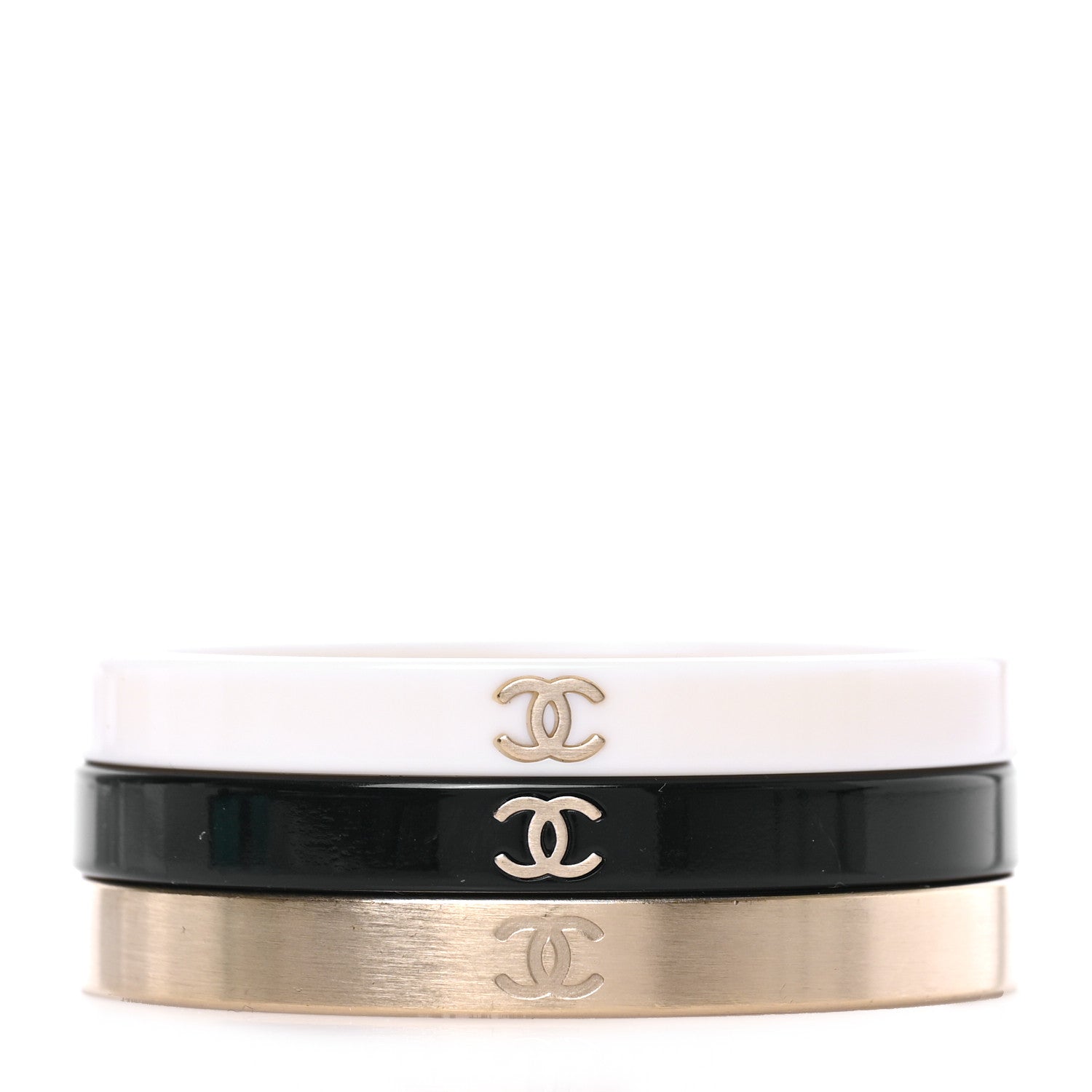 Chanel Resin Metal CC Bangle Set of 3 Black White Gold 1 of 5