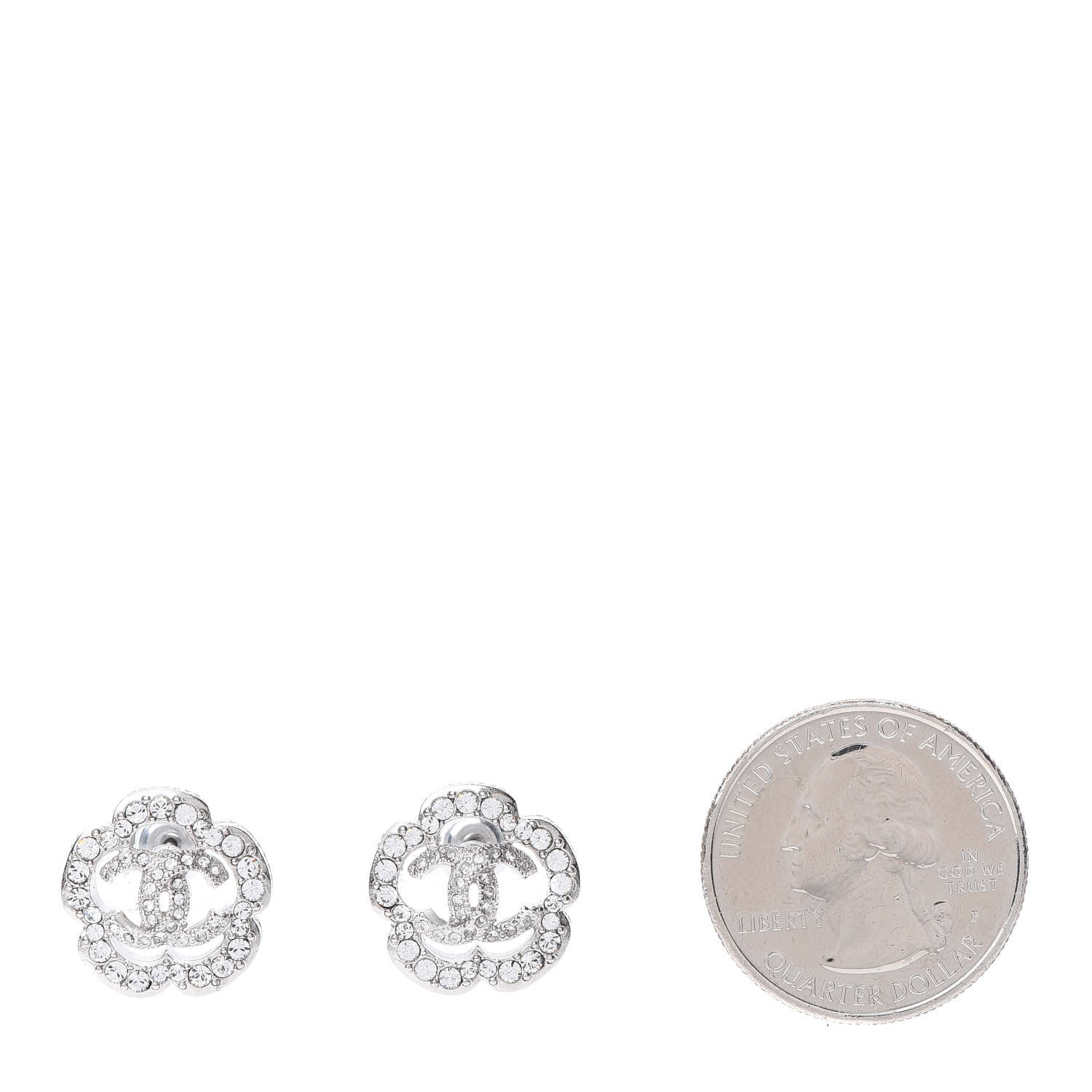 Chanel Crystal Coco Flapper Camellia CC Stud Earrings Silver 2 of 5